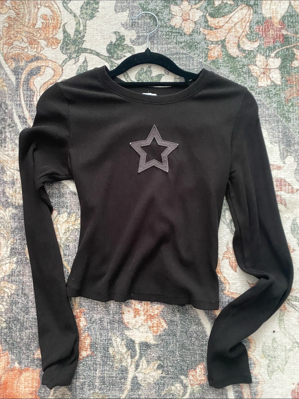 Garage Black Ribbed Long-Sleeve Tee with Star Patch
